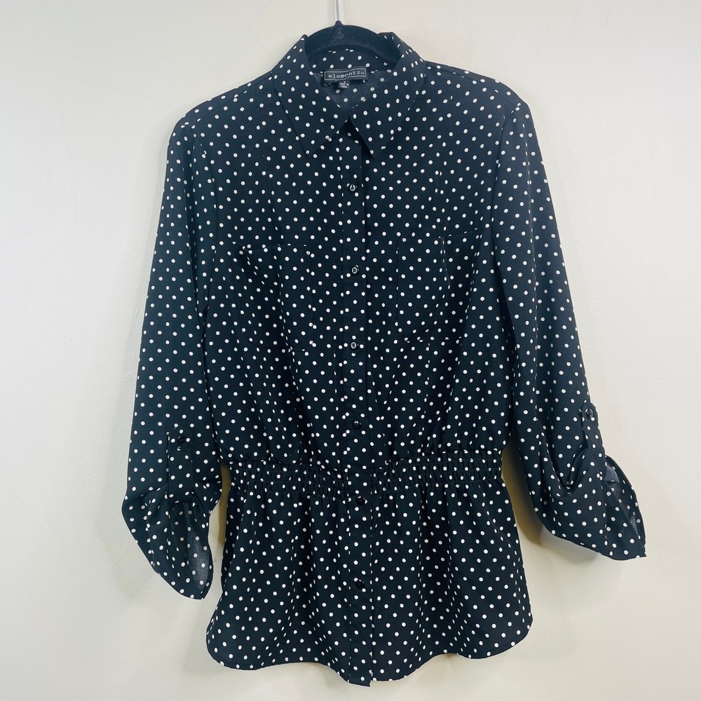 Vintage Polka Dot Peplum Top Womens Small Black Career Neutral Layering Blouse
